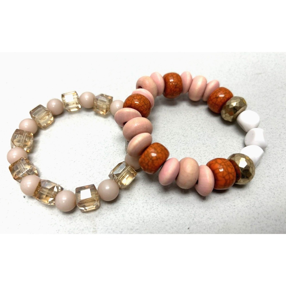 Plunder Design Chunky Beaded Bangle Bracelet Set Pink Gold Boho Stocking Stuffer